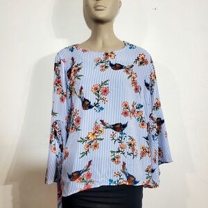 Wishful Park Floral-Birds Blouse Size XL Blue White Stripes  3/4 Sleeve